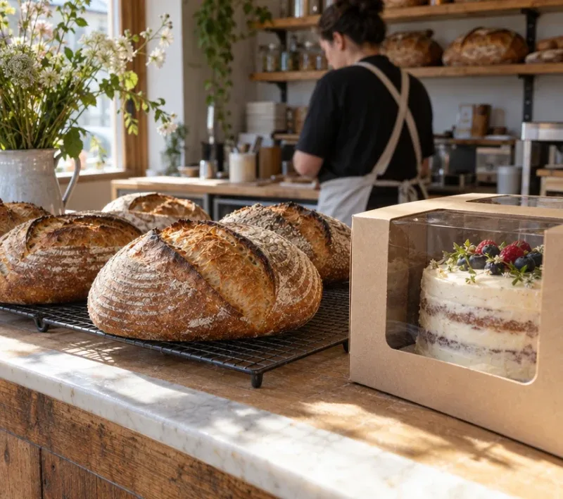 Fresh loaves and a boxed cake ready for pickup on the counter.