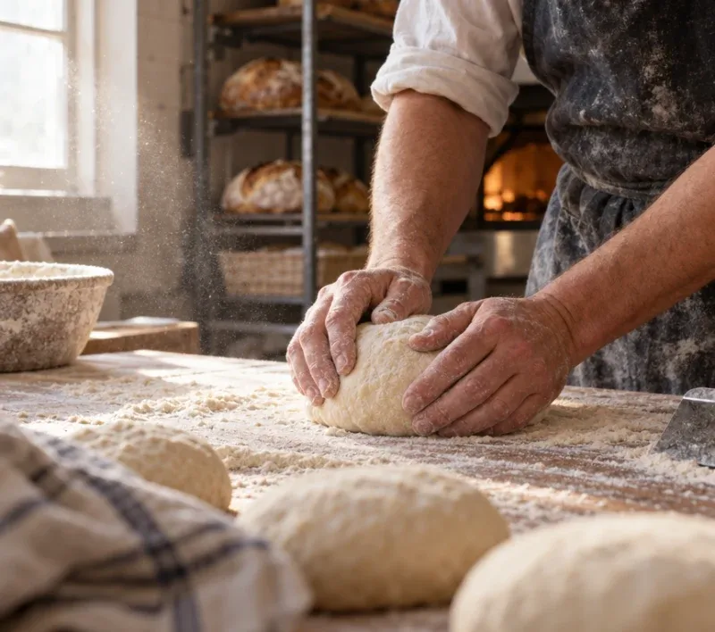 Hands shape dough on a floured bakery bench.