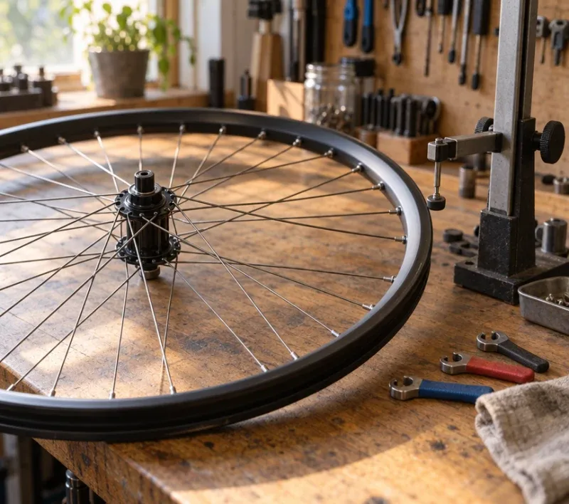 A freshly built bicycle wheel on the workbench.