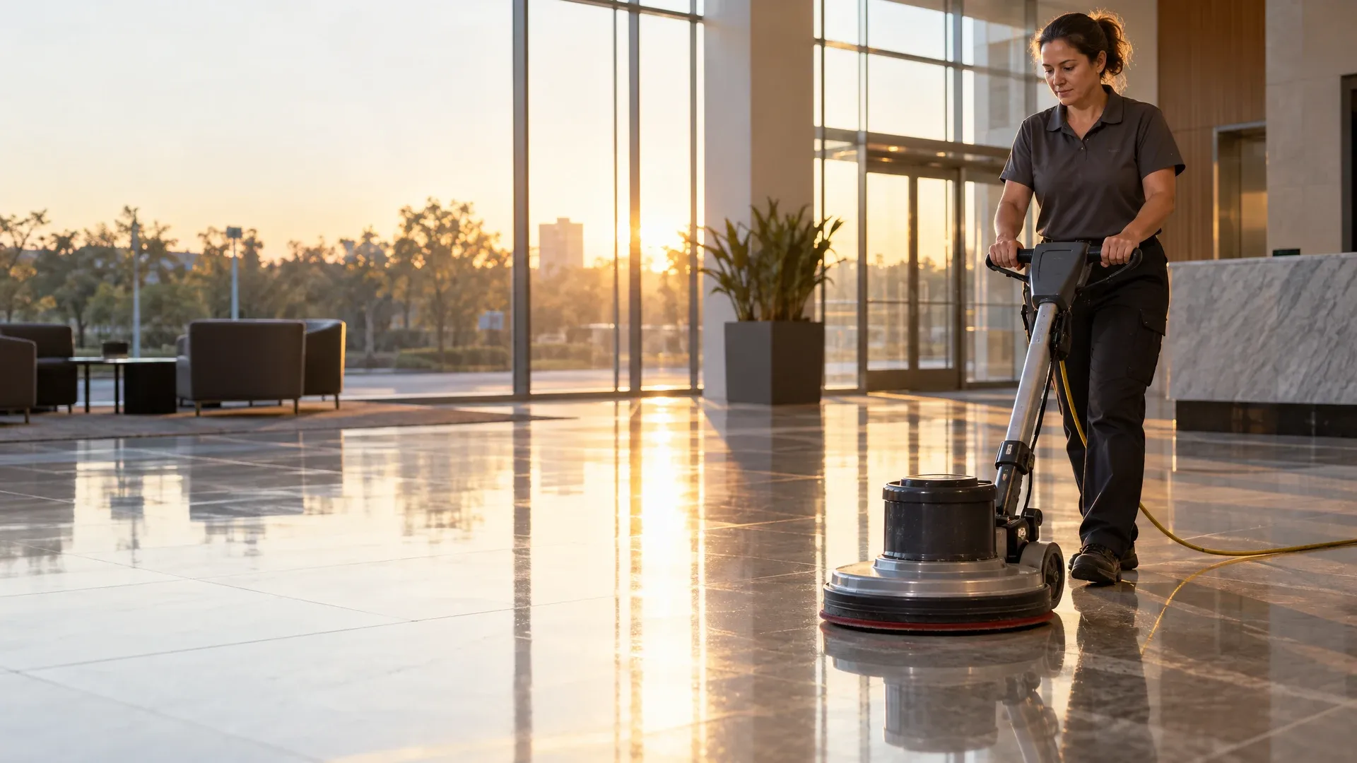 A cleaning company owner runs a floor buffer across an office lobby at dusk.
