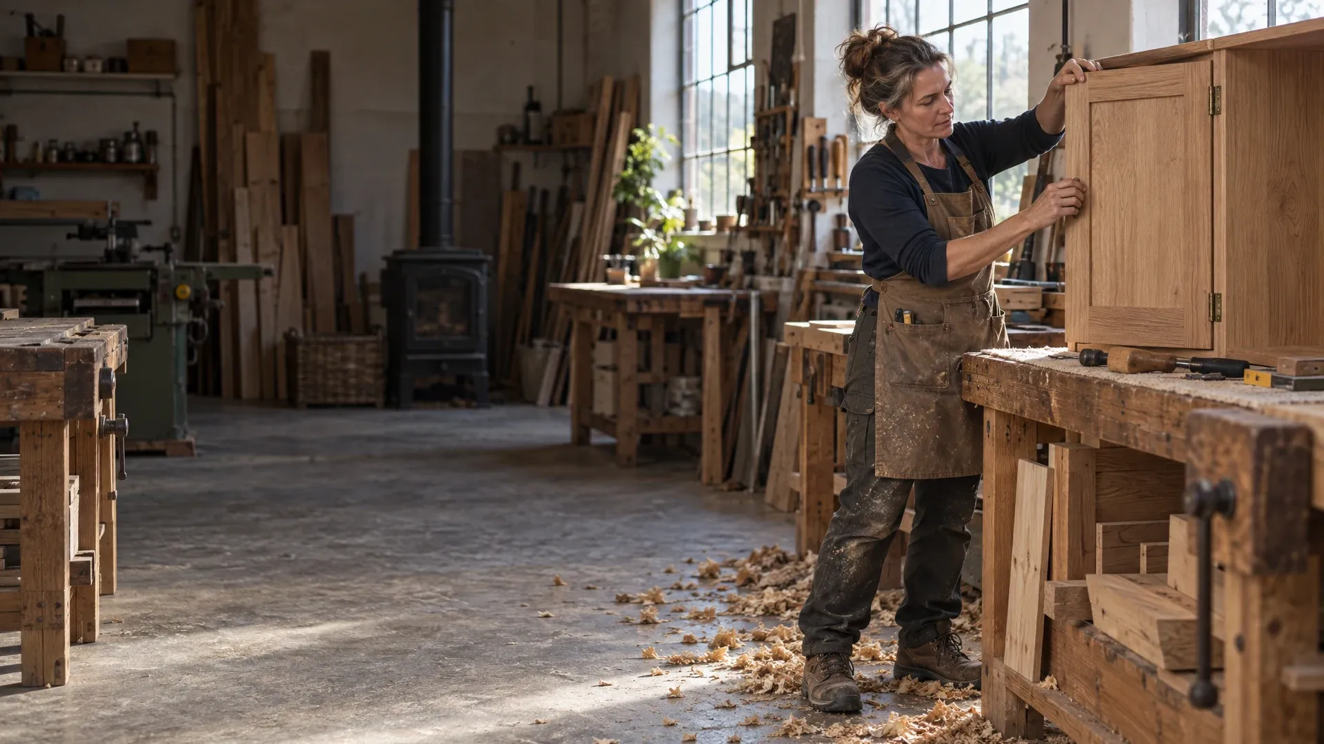 Ana Ferreira fits an oak cabinet door at her workshop bench.
