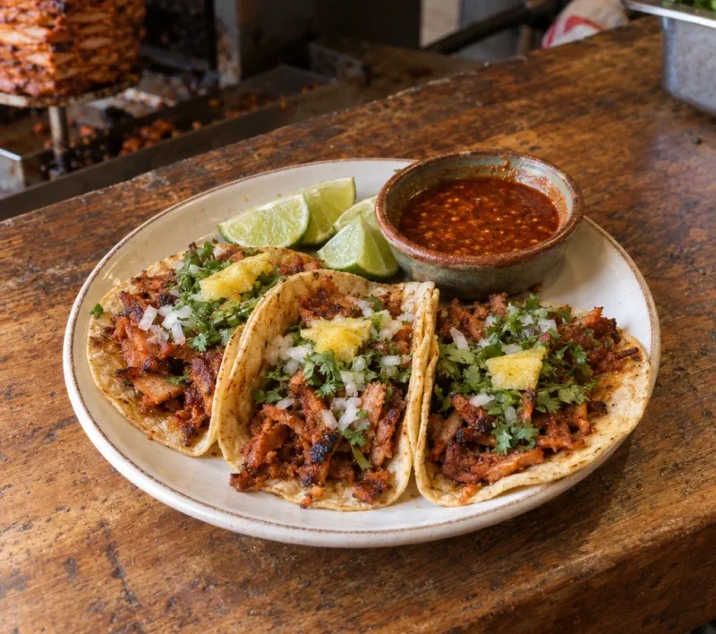 A plate of tacos with lime and salsa on the counter.