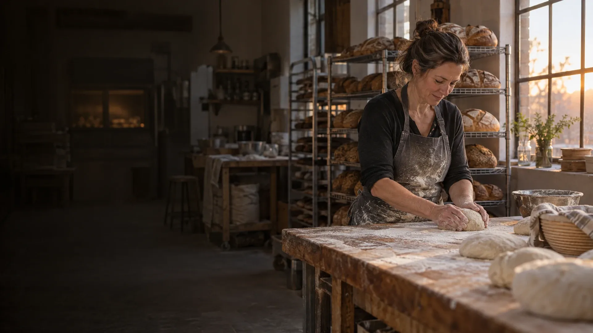 A bakery owner shaping dough at her bench in early morning light