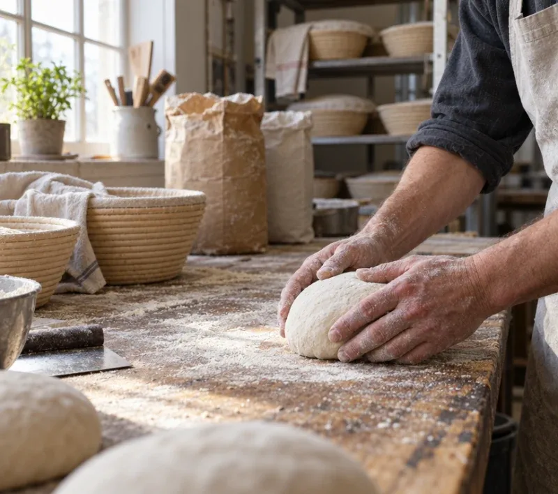Hands shaping dough on a flour-dusted bench