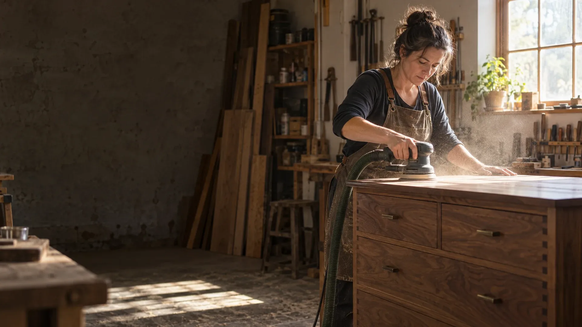 Marta sanding a walnut dresser in her workshop.