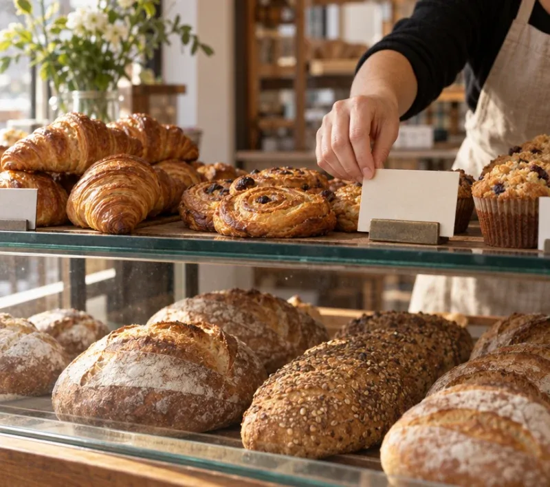 A full bakery display case in warm morning light.