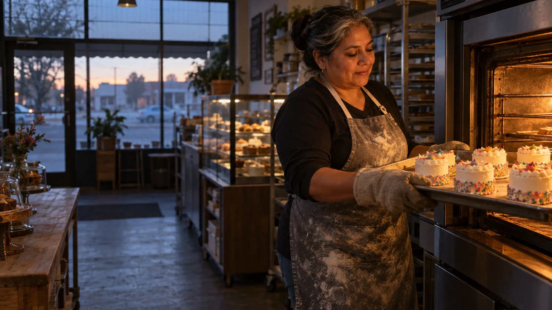 A bakery owner pulls a tray of cakes from the oven at dawn.