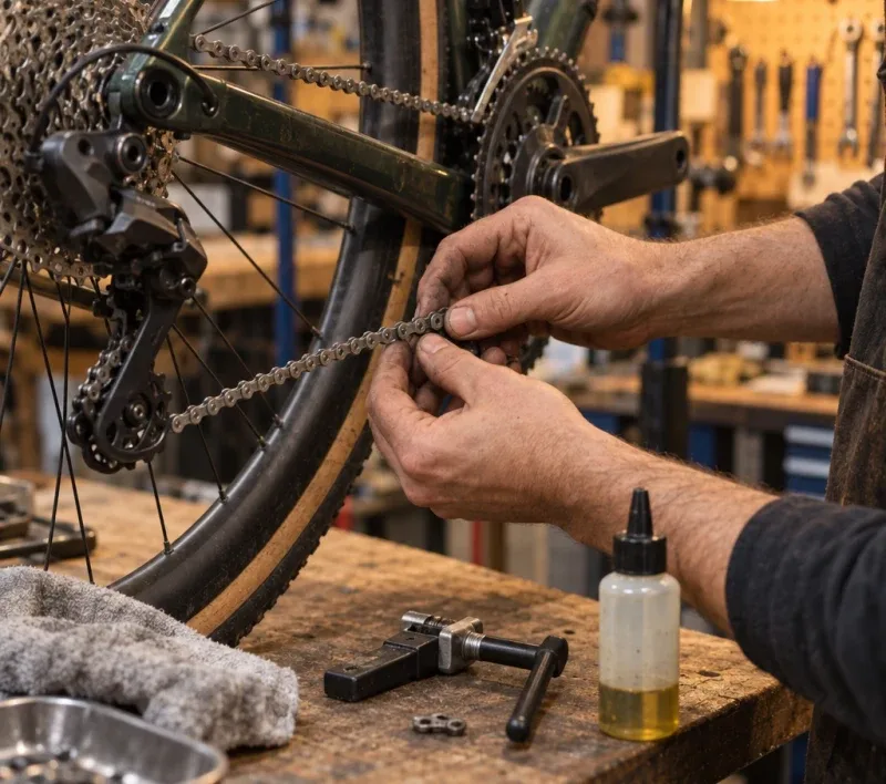 Hands fit a new chain on a bike at the workbench.