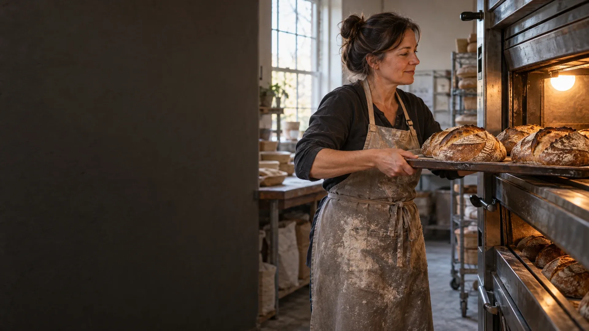 Maya slides a tray of loaves into the oven at her bakery.
