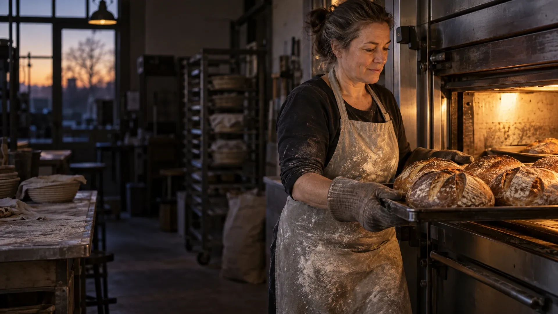 A baker pulls a tray of loaves from the oven at dawn.