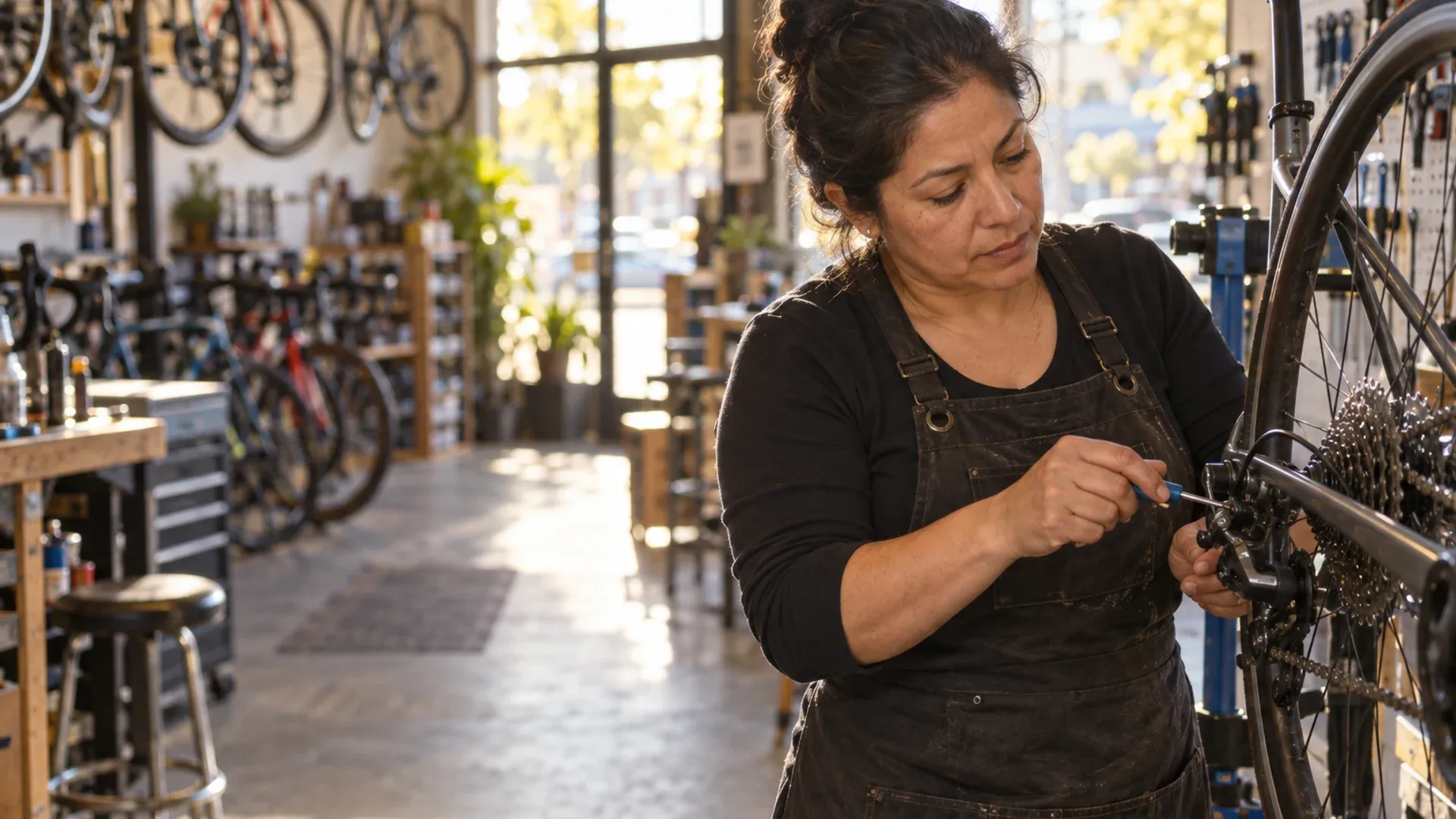 Marta adjusts a road bike on the repair stand in her shop.