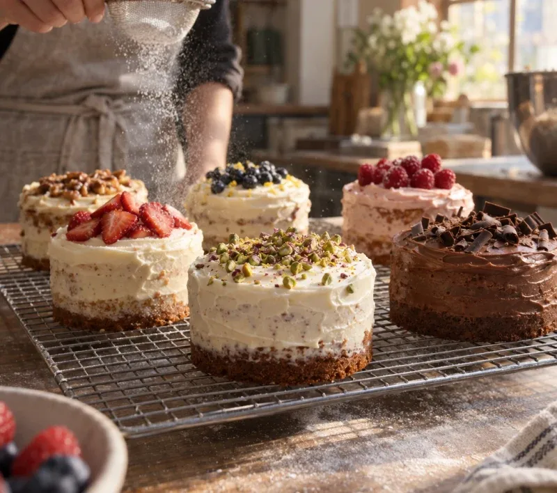 A tray of frosted cakes cooling on a bakery rack.