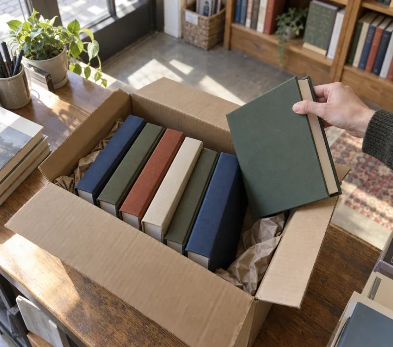 An open box of new books on the bookshop counter.
