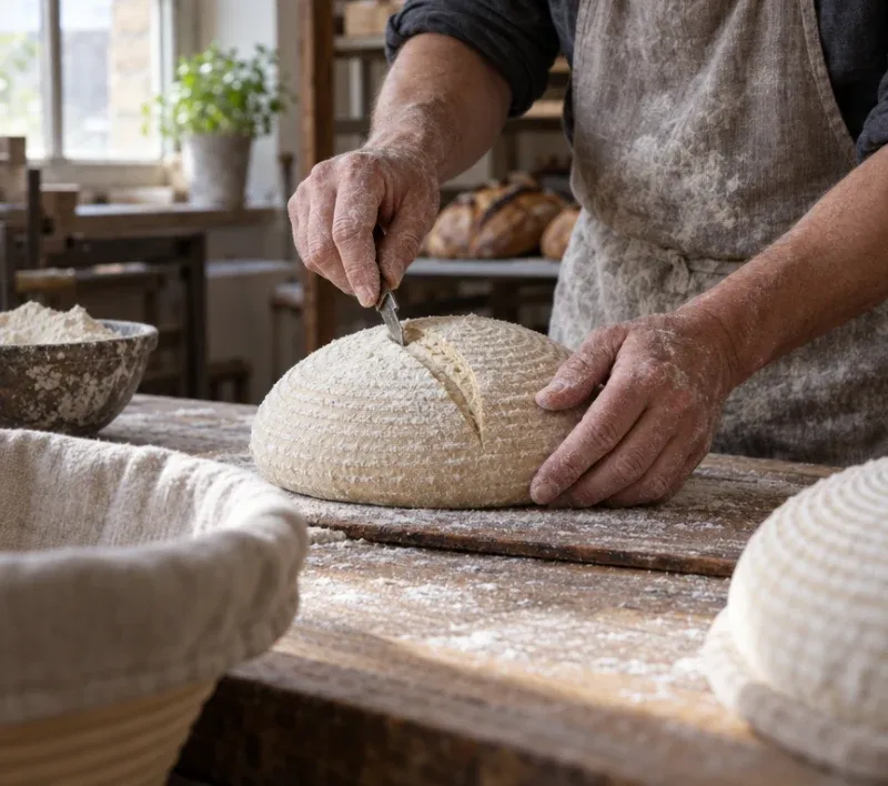 A baker scores a proofed loaf on the bench.