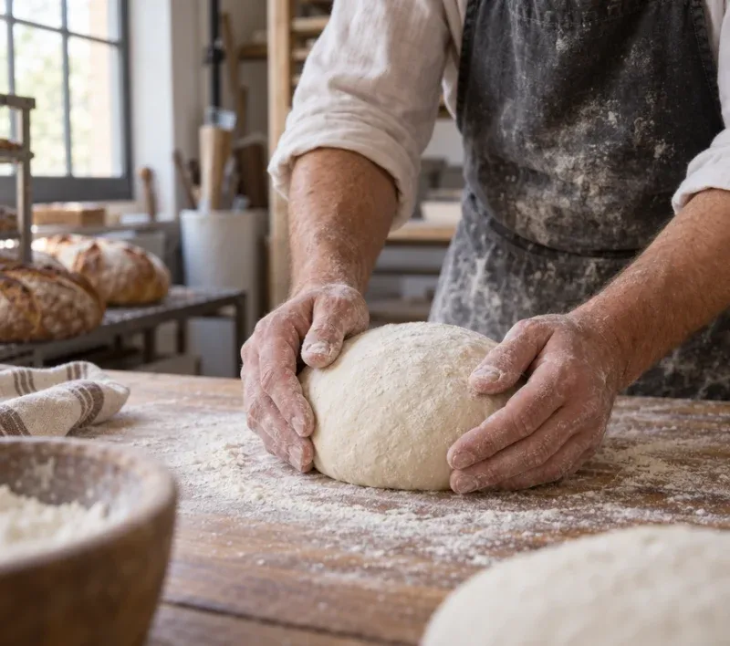 A baker shapes dough on a floured bench.