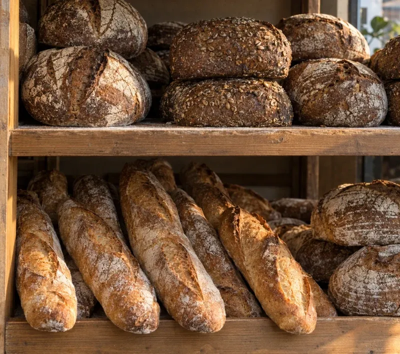Shelf of fresh rye loaves and baguettes