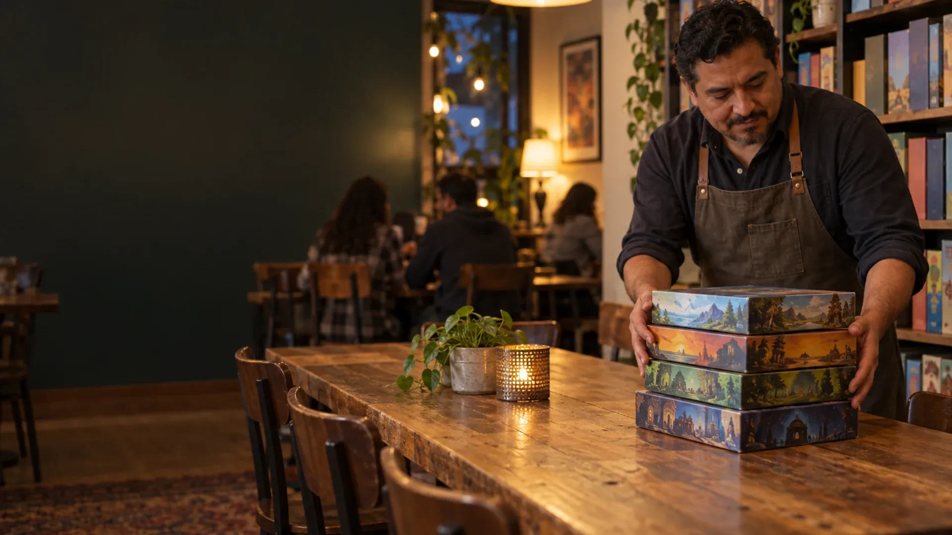Marco setting out board games on a long table in his café at evening