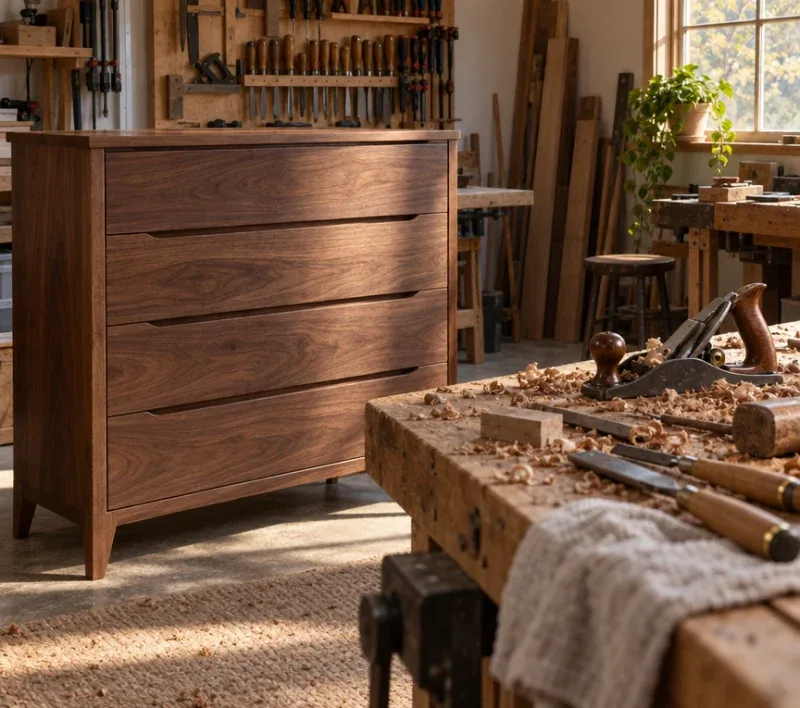 A finished walnut dresser on a workbench beside hand tools.