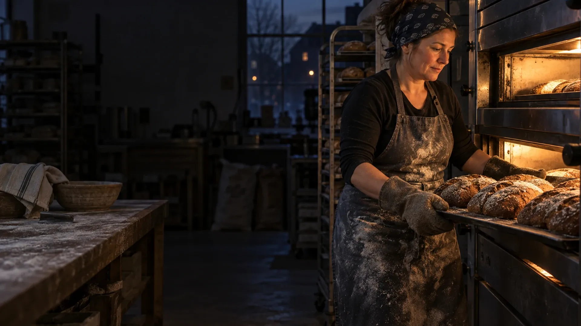 Lena pulls rye loaves from the oven before dawn