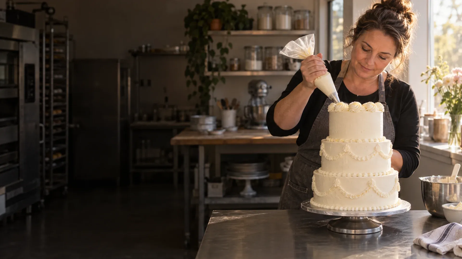 Cake shop owner pipes buttercream onto a three-tier cake