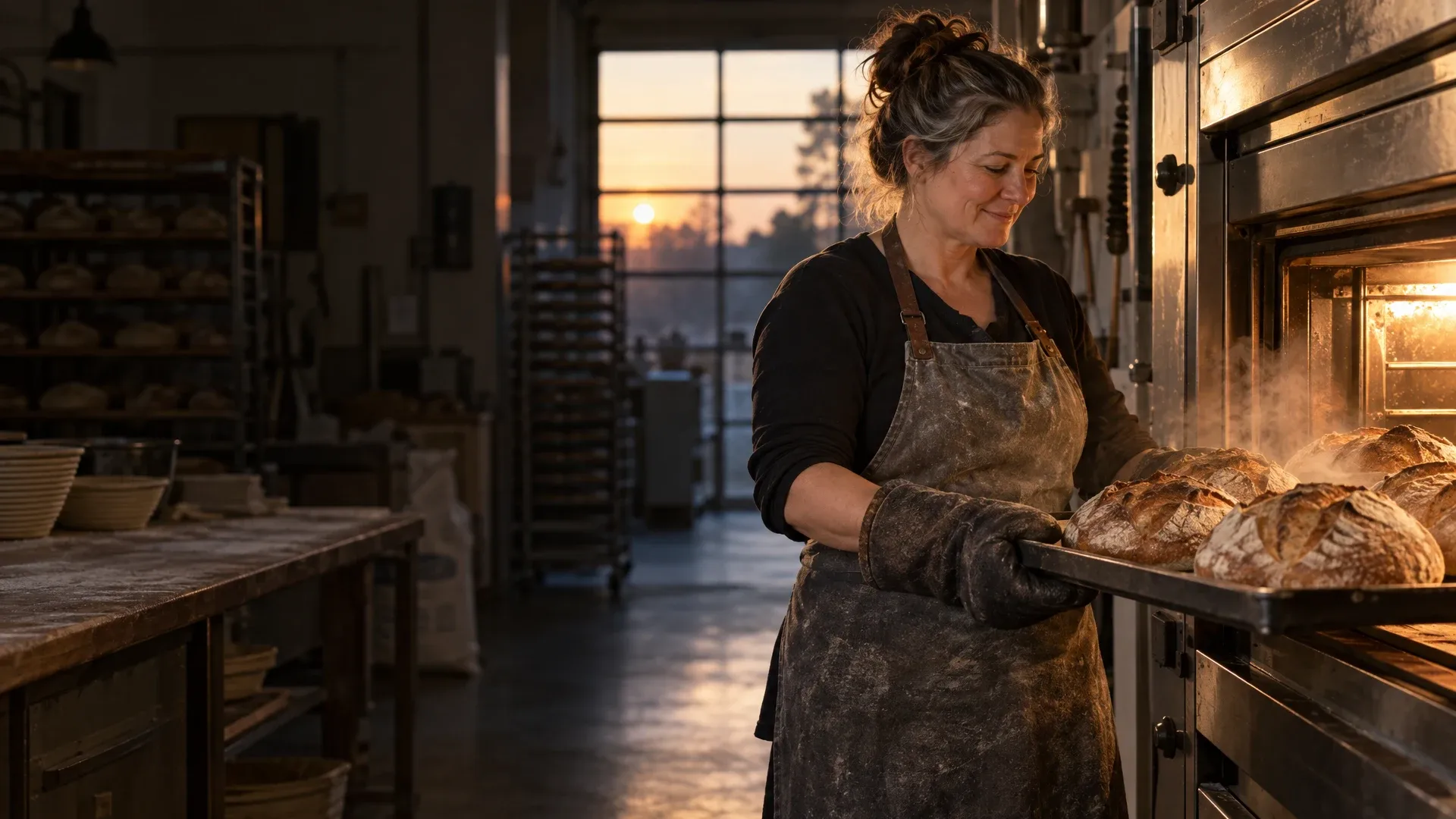 Bakery owner pulling sourdough loaves from the oven at dawn.