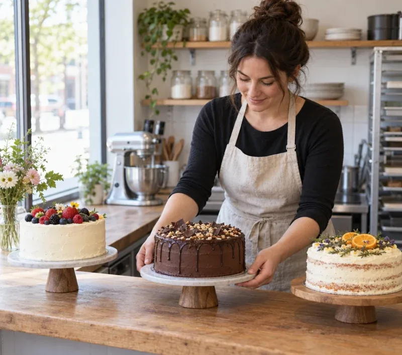 Owner arranges finished cakes on a wooden counter