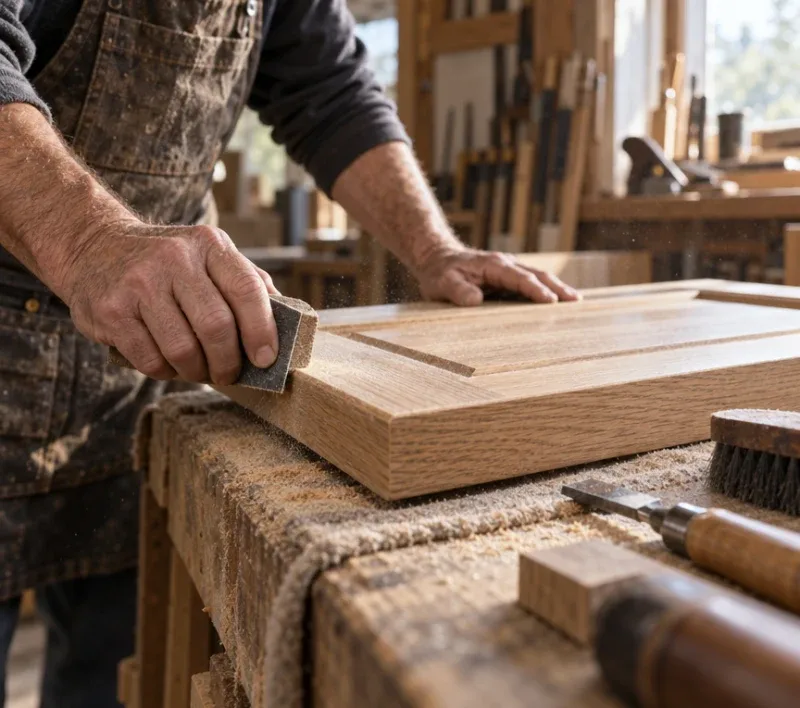 Hands sanding the edge of an oak cabinet door.