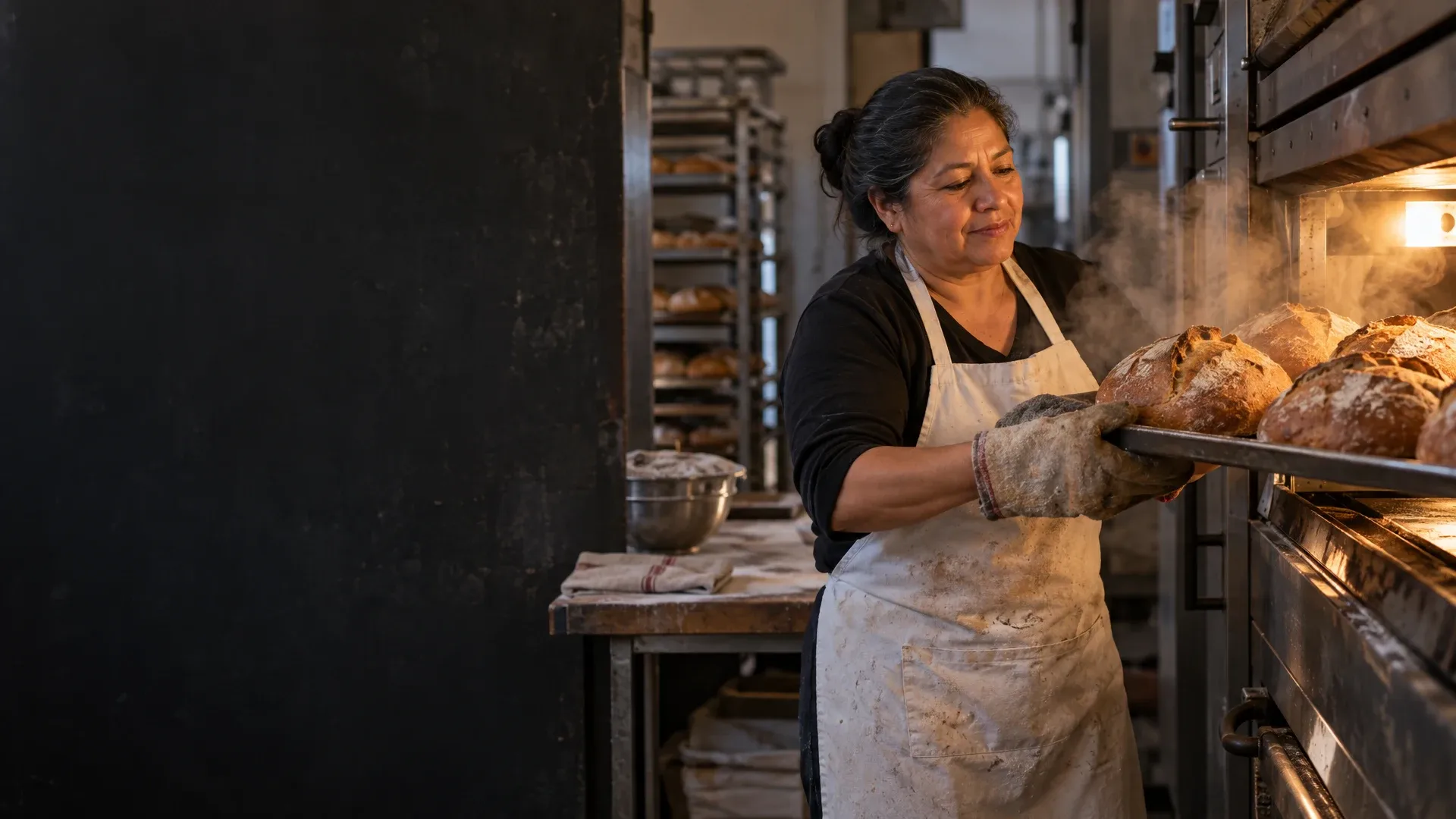 A bakery owner pulls a tray of loaves from the oven at 6am.