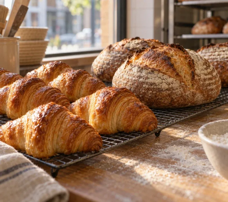 Fresh croissants and loaves cooling on a rack.