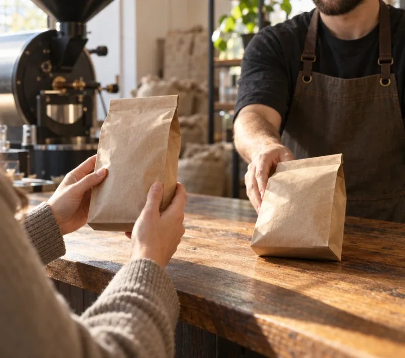 A customer picks up a bag of coffee at the roastery counter.