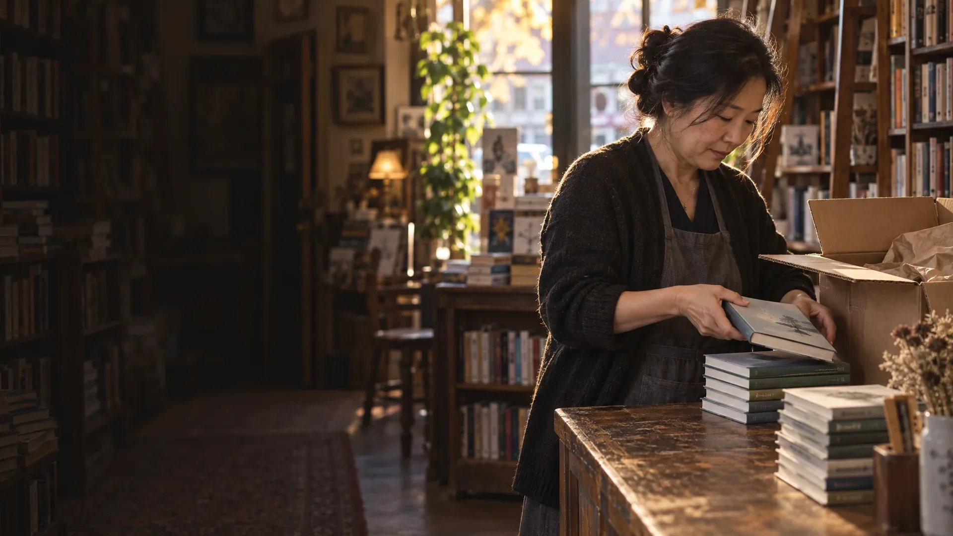 June Park unpacks a box of new poetry hardcovers at her bookshop counter.