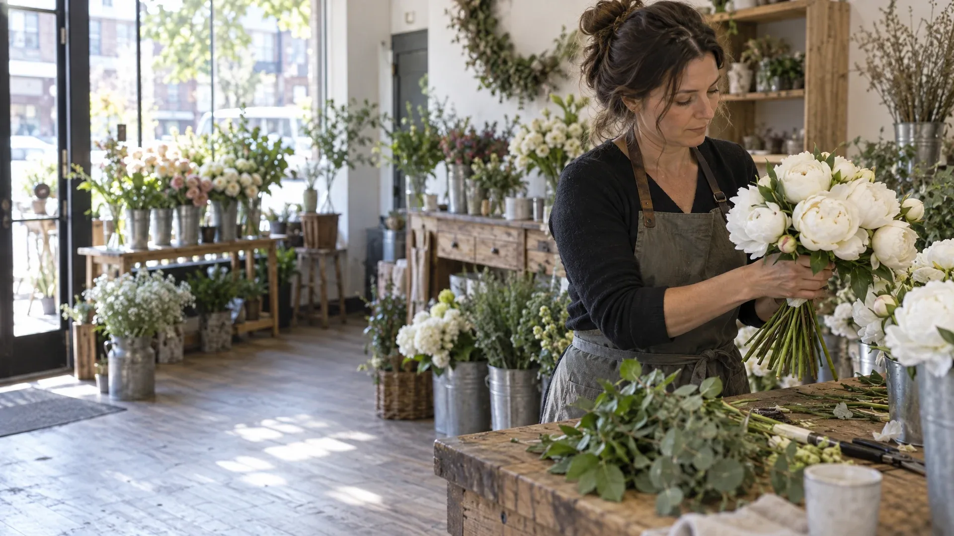 A florist building a bridal bouquet at her workbench