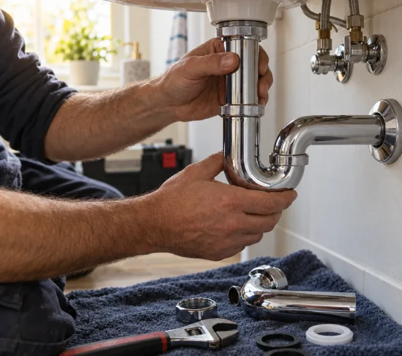 A plumber's hands fitting a new trap under a sink