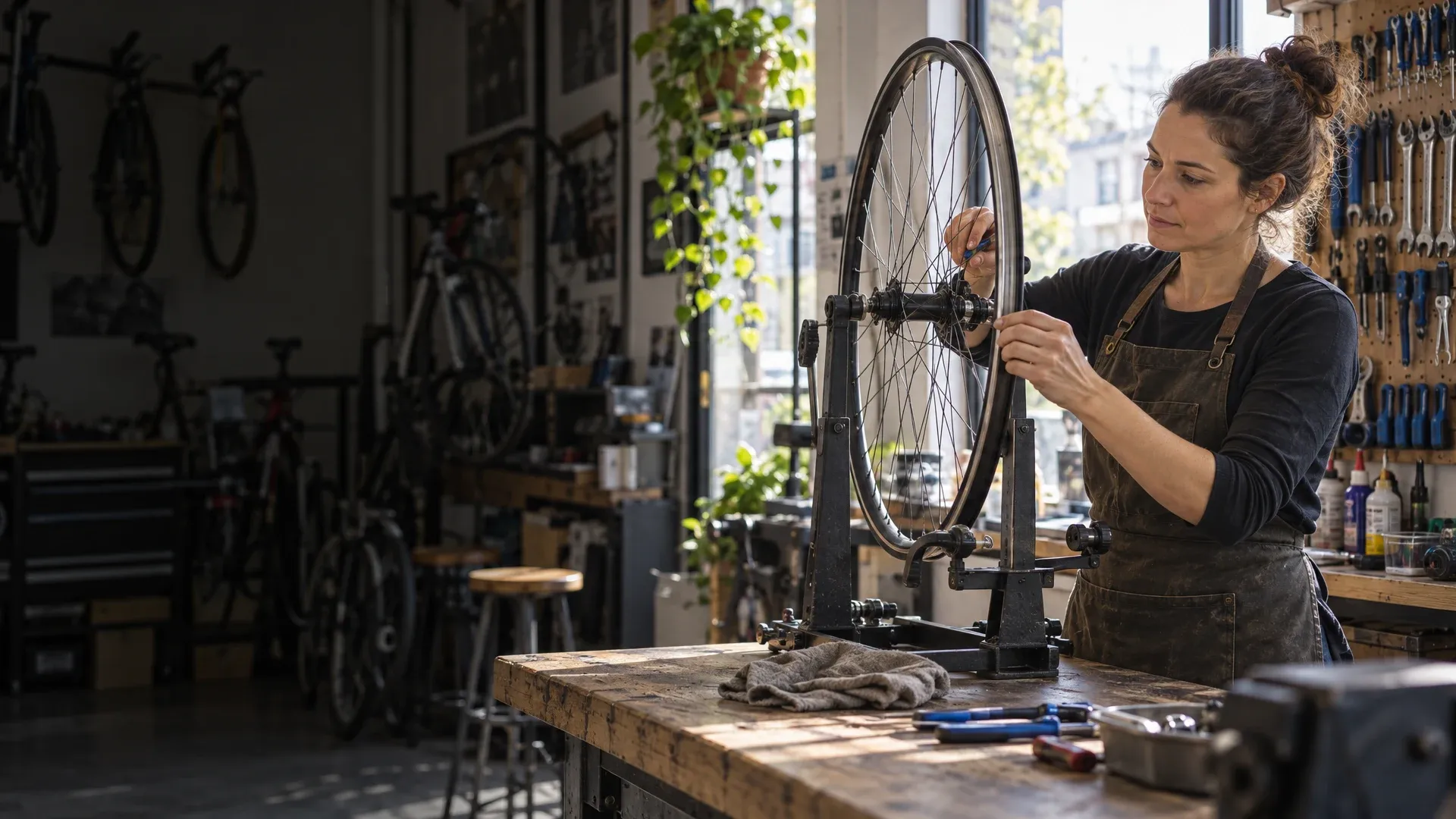 Marta truing a bicycle wheel at her workbench.