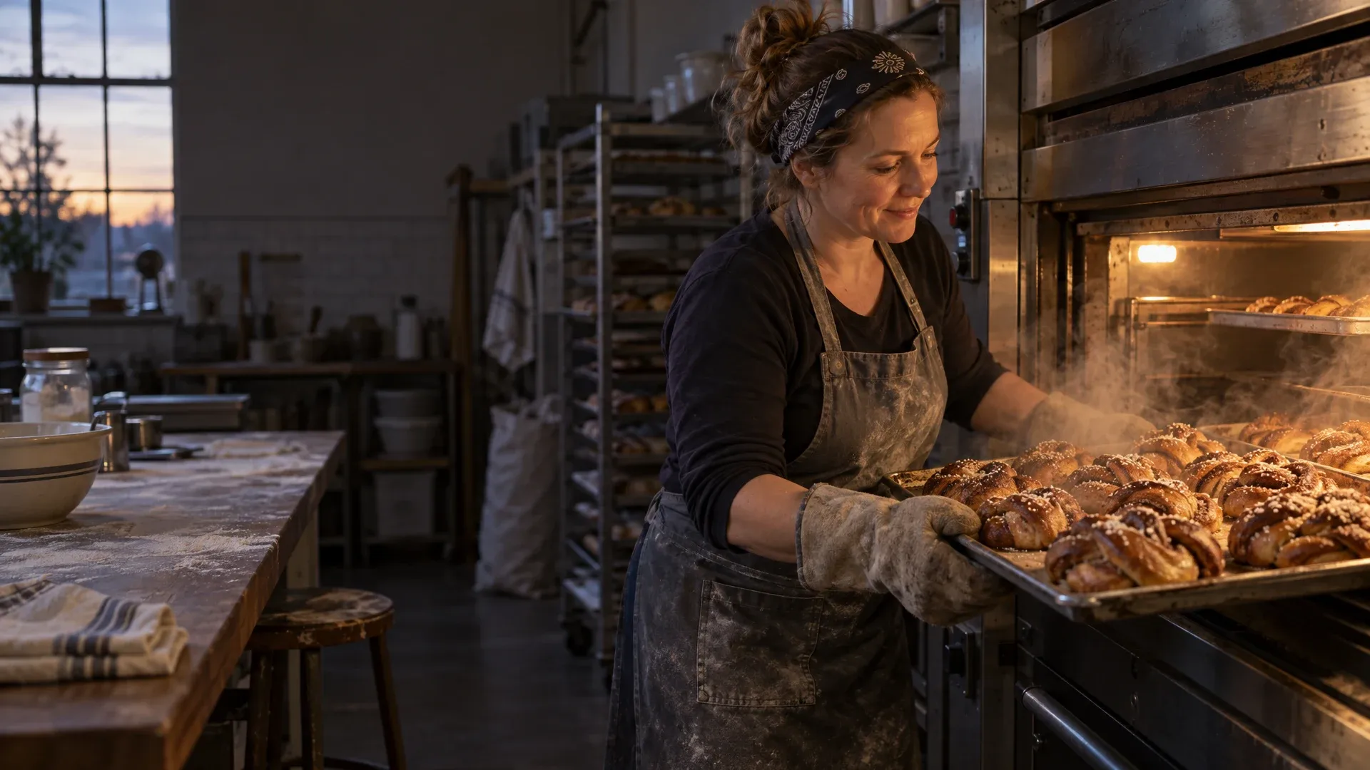 A baker pulling a tray of cinnamon knots from the oven at dawn