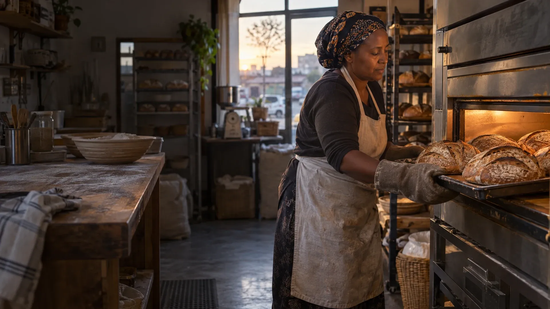 A baker pulls the dawn batch of sourdough from the oven in a small bakery.