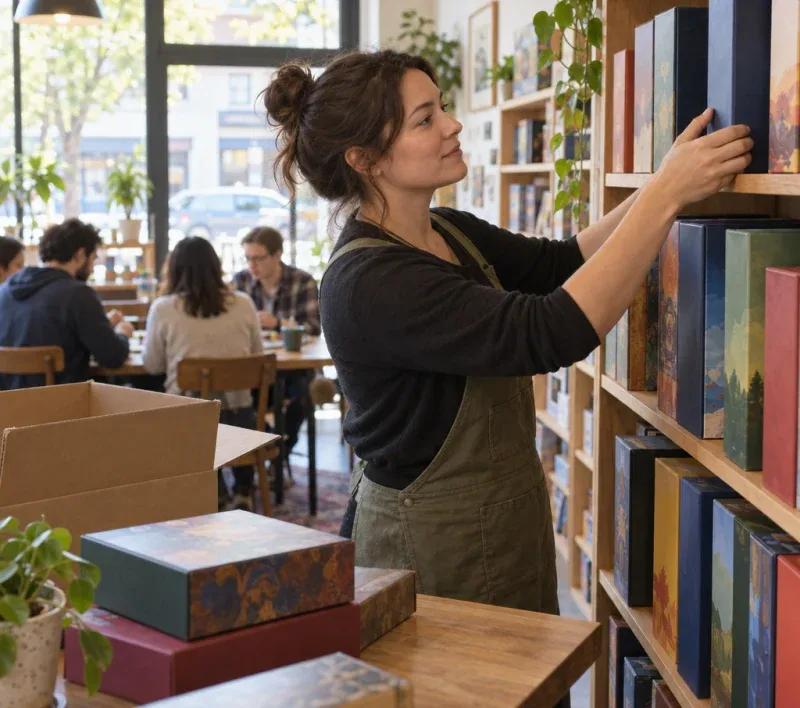 An owner sorting new game boxes onto a café shelf