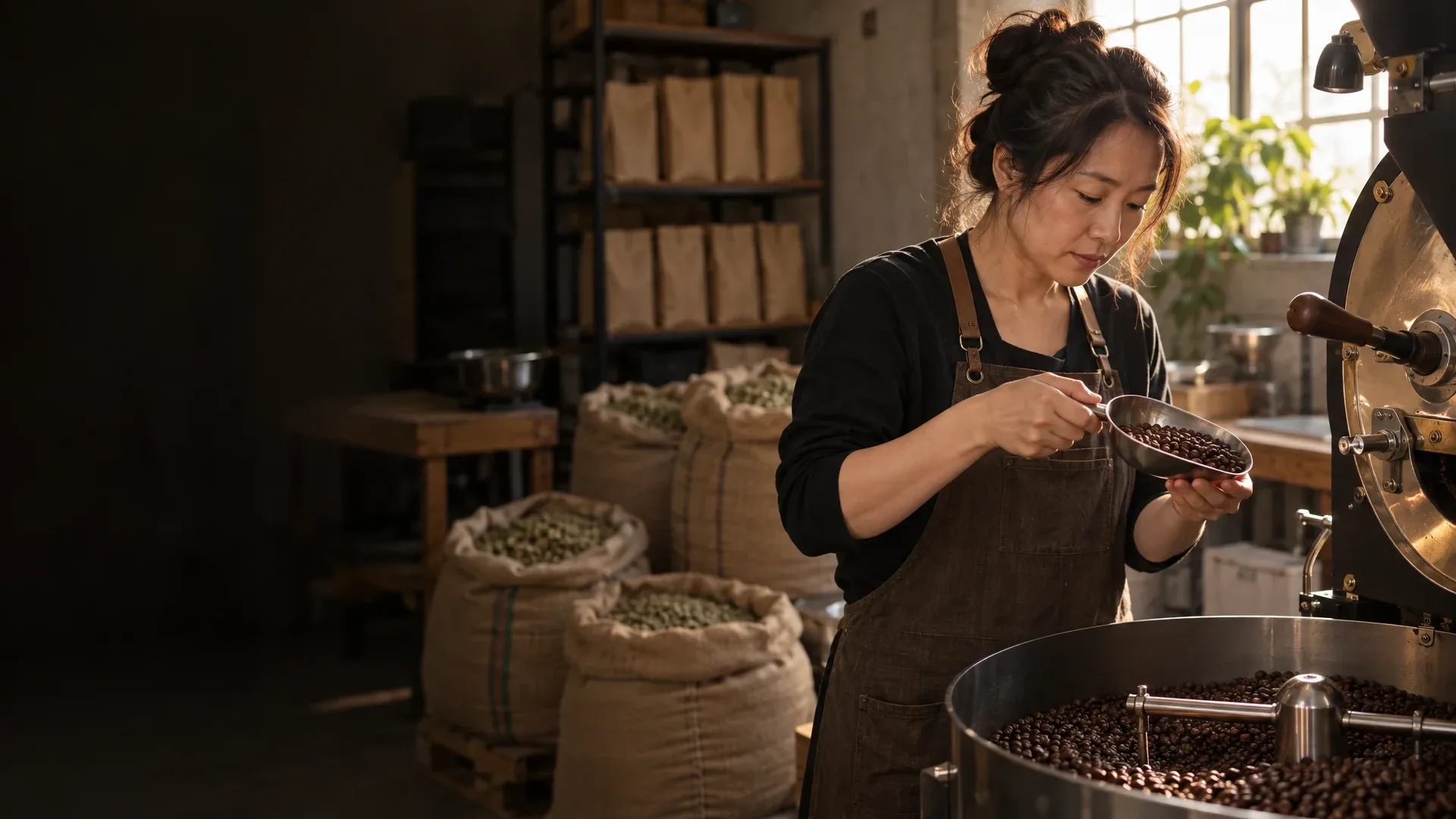 Maya checks bean color at the roasting drum in her small roastery.