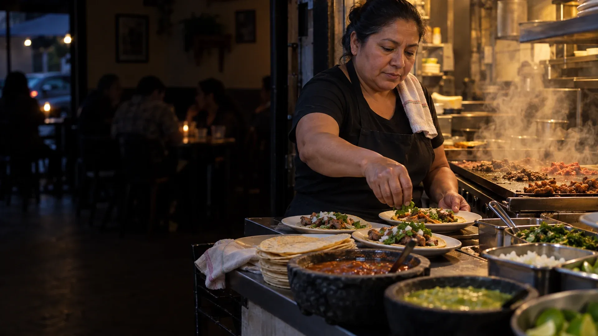 Marisol at the pass of her taquería during evening service.