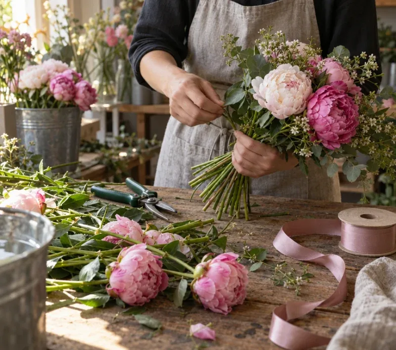 Hands building a bouquet on a florist's workbench