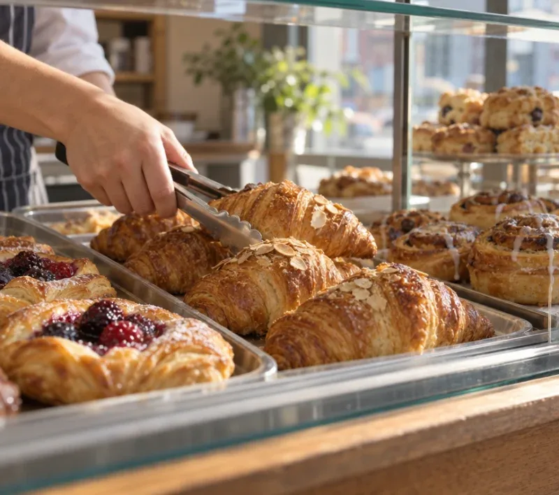 A display case being filled with fresh pastries