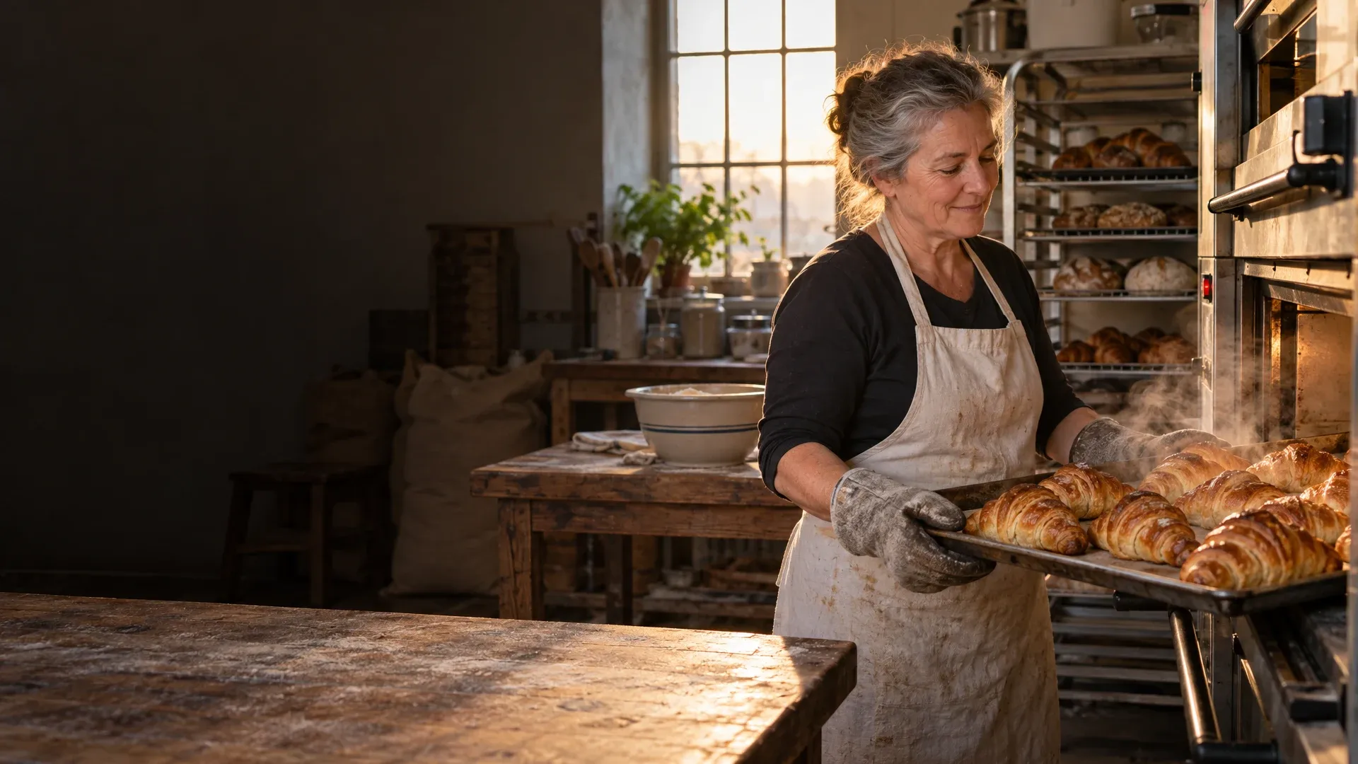 Marisol pulls a tray of croissants from the oven at dawn.