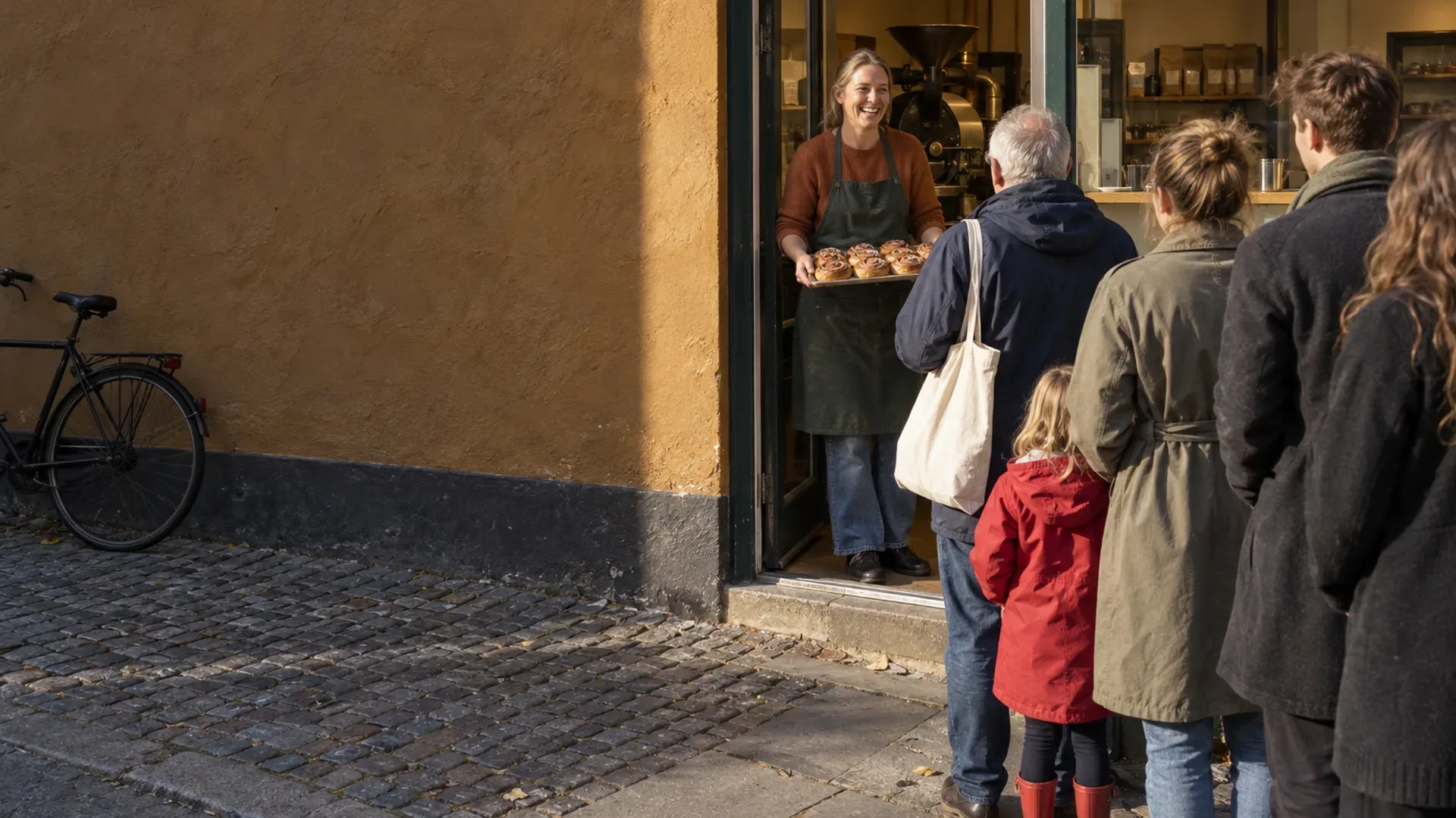 Freja laughing in the open door of Amber Lane Coffee on a Saturday morning, a short line of neighbours with their backs to the camera waiting for the first cardamom buns
