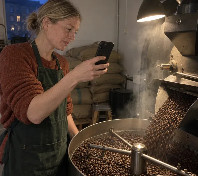 Freja filming the first crack of the 6 am roast on her phone