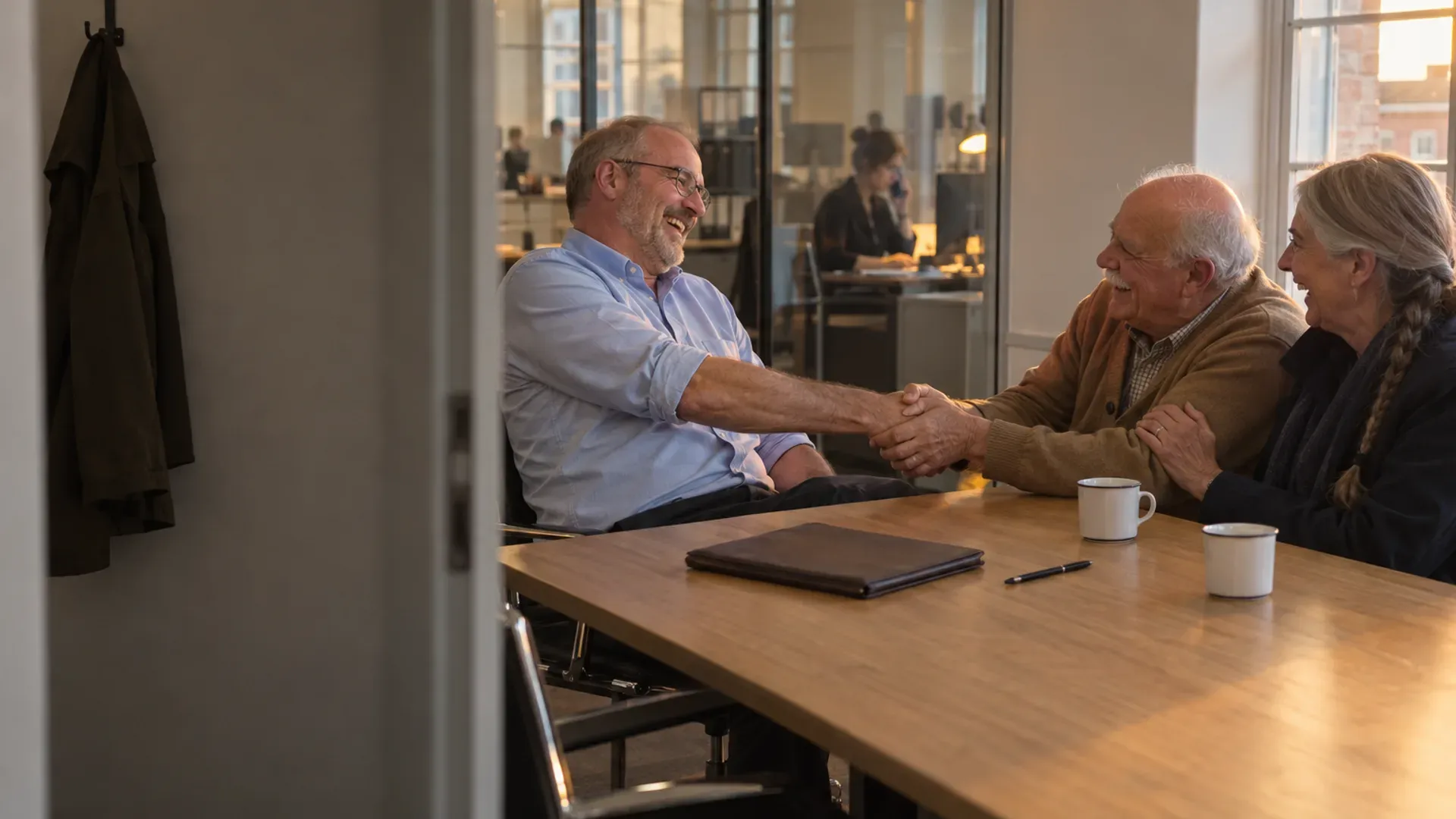A partner at a small accounting firm laughs and shakes hands across the meeting table with a long-time client couple, while the busy office carries on behind the glass.