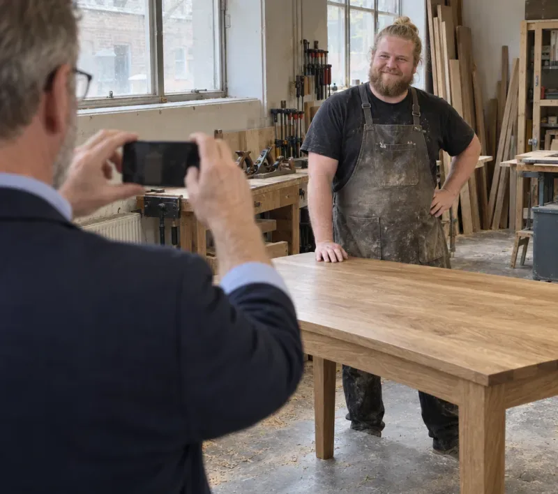 An accountant on a client visit holds up his phone to photograph a joiner standing proudly beside a finished oak table in his workshop.
