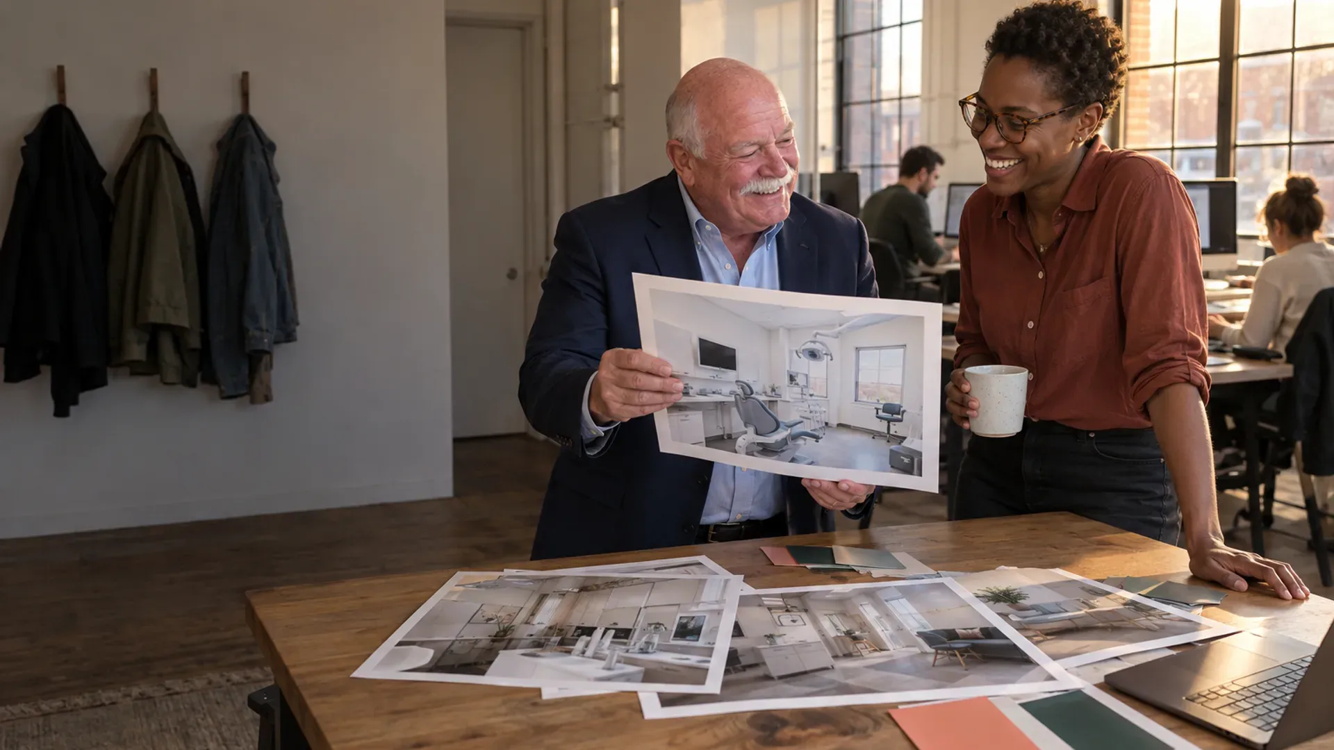 A design studio in Atlanta where the founder laughs with a delighted client over printed shoot photos