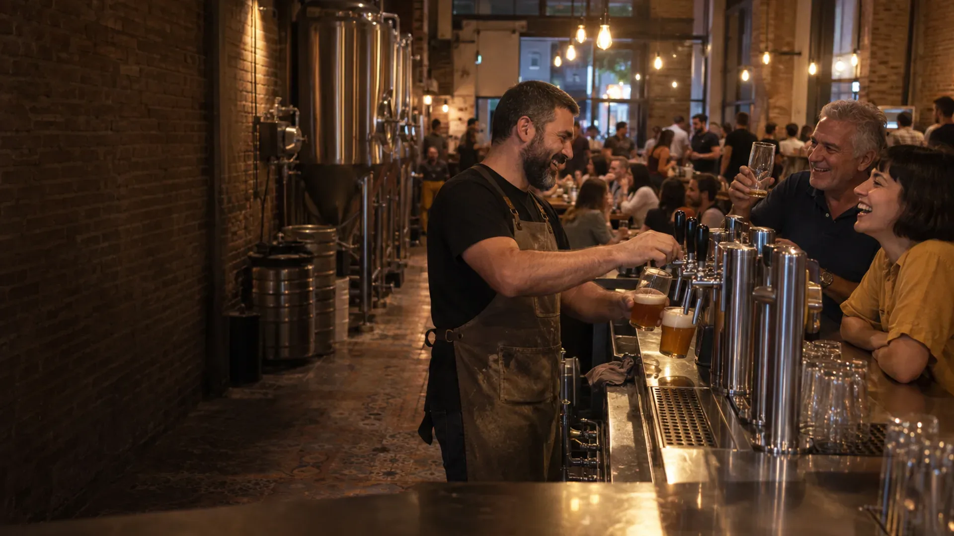 Javi pulling two beers and laughing with regulars at the bar of his full taproom in Valencia on a Friday night