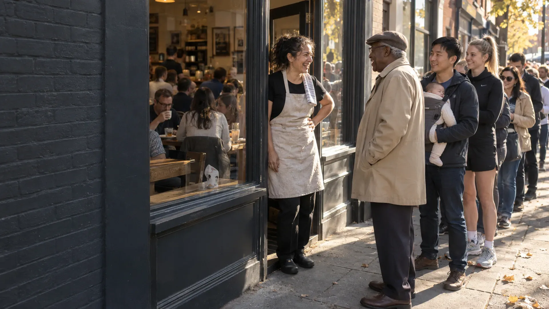 Nadia laughing in the open door of her café on a sunny Saturday morning, a queue of neighbors along the window and every table inside full