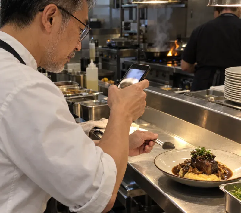 A cook photographing a plate of short rib on polenta with his phone at the pass during supper service
